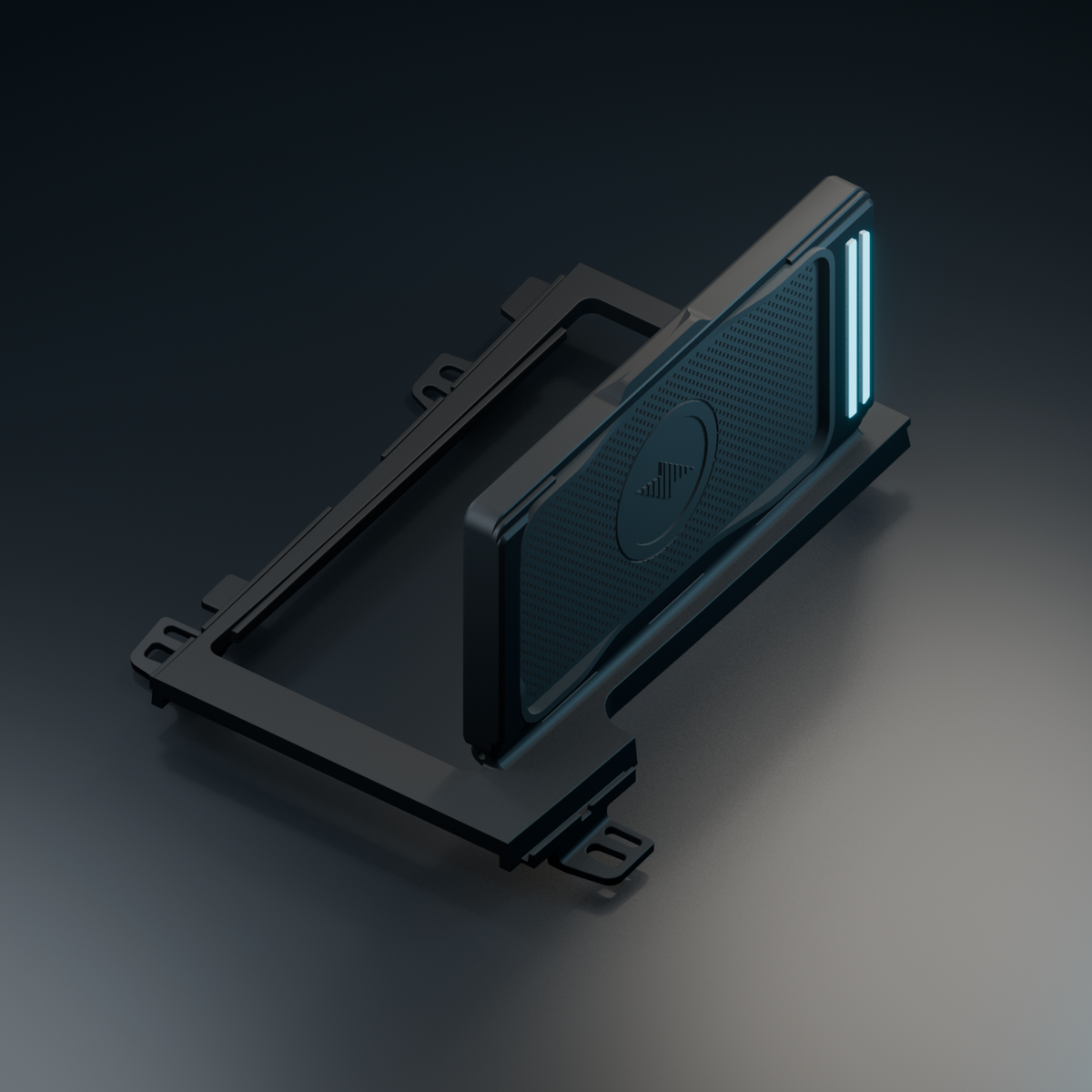 Acura TL 2004–2008 wireless charger — current CAD Blender flip-door view
